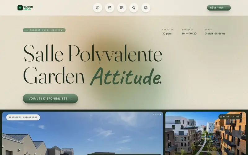 Page d'accueil du site de réservation de la salle Garden Attitude